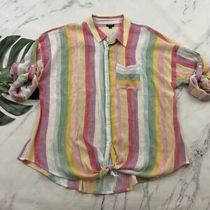 Torrid Gauzy Button Front Top Plus Size 2x Pink Yellow Rainbow Stripe Crinkle